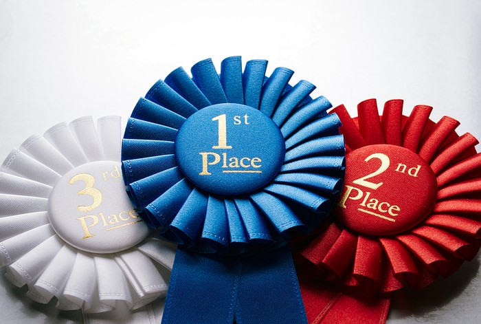 Collection of Colourful Rosettes for First, Second and Third Places