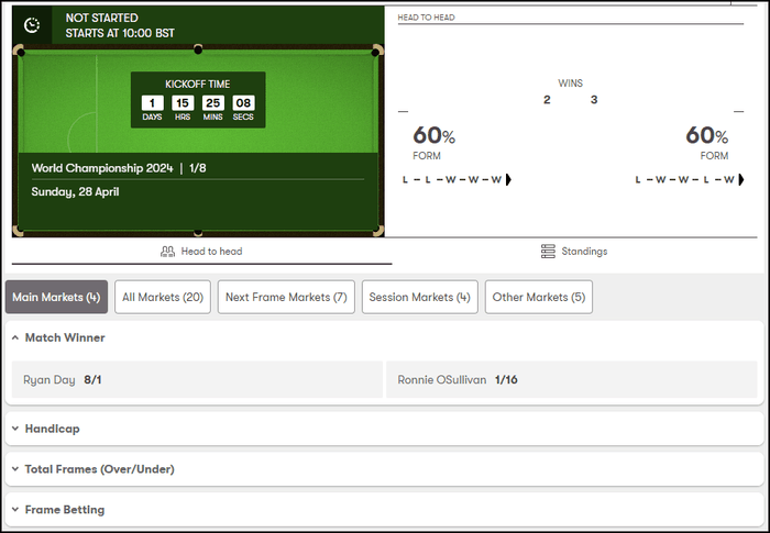 10bet Snooker Match Betting Markets